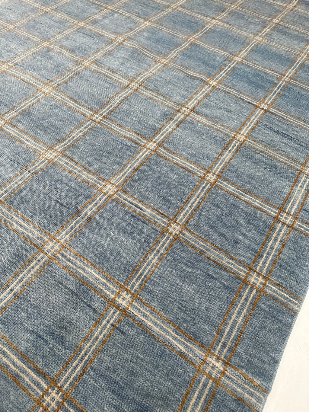 Concord Blue Plaid Hand-Knotted Wool Rug