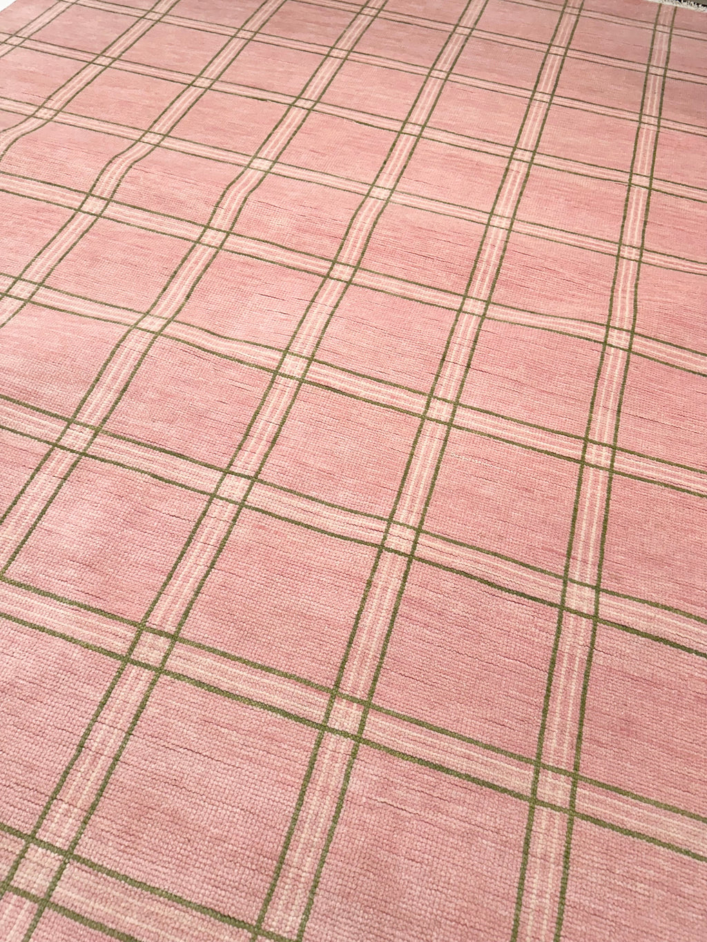 Concord Pink Plaid Hand-Knotted Wool Rug