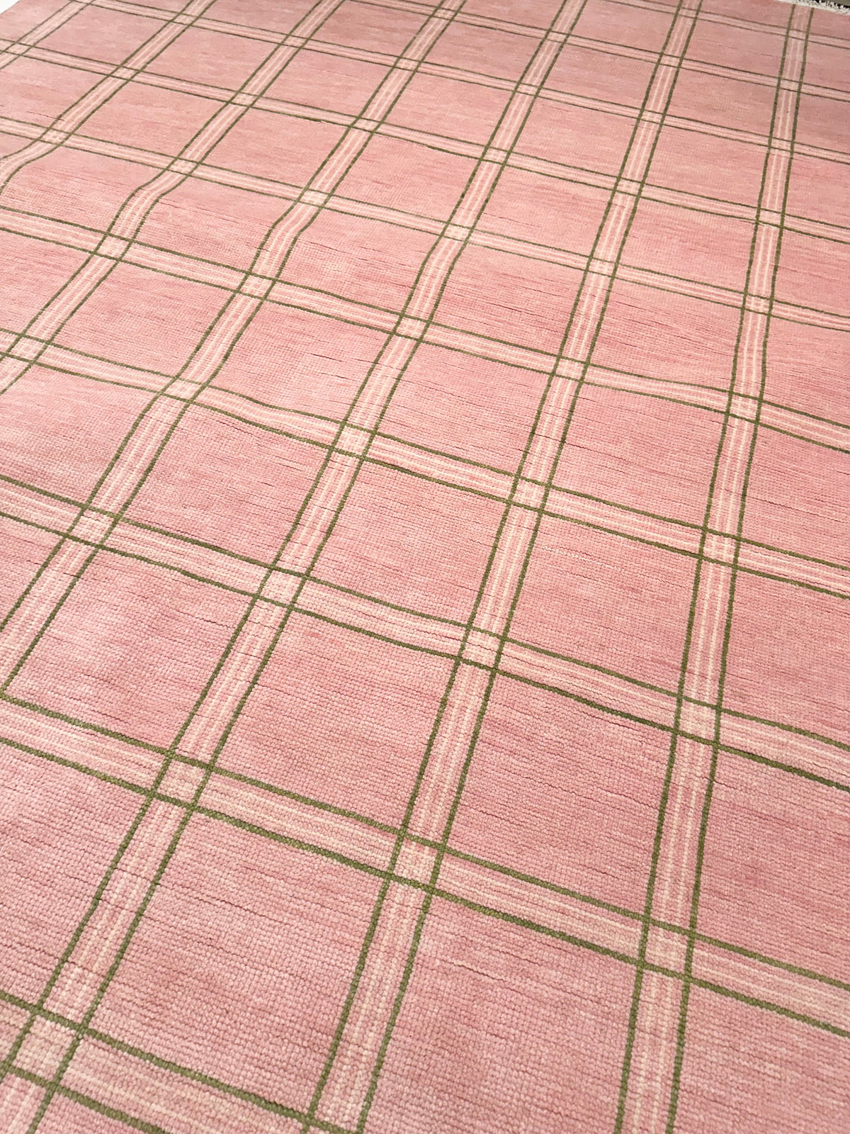 Concord Pink Plaid Hand-Knotted Wool Rug