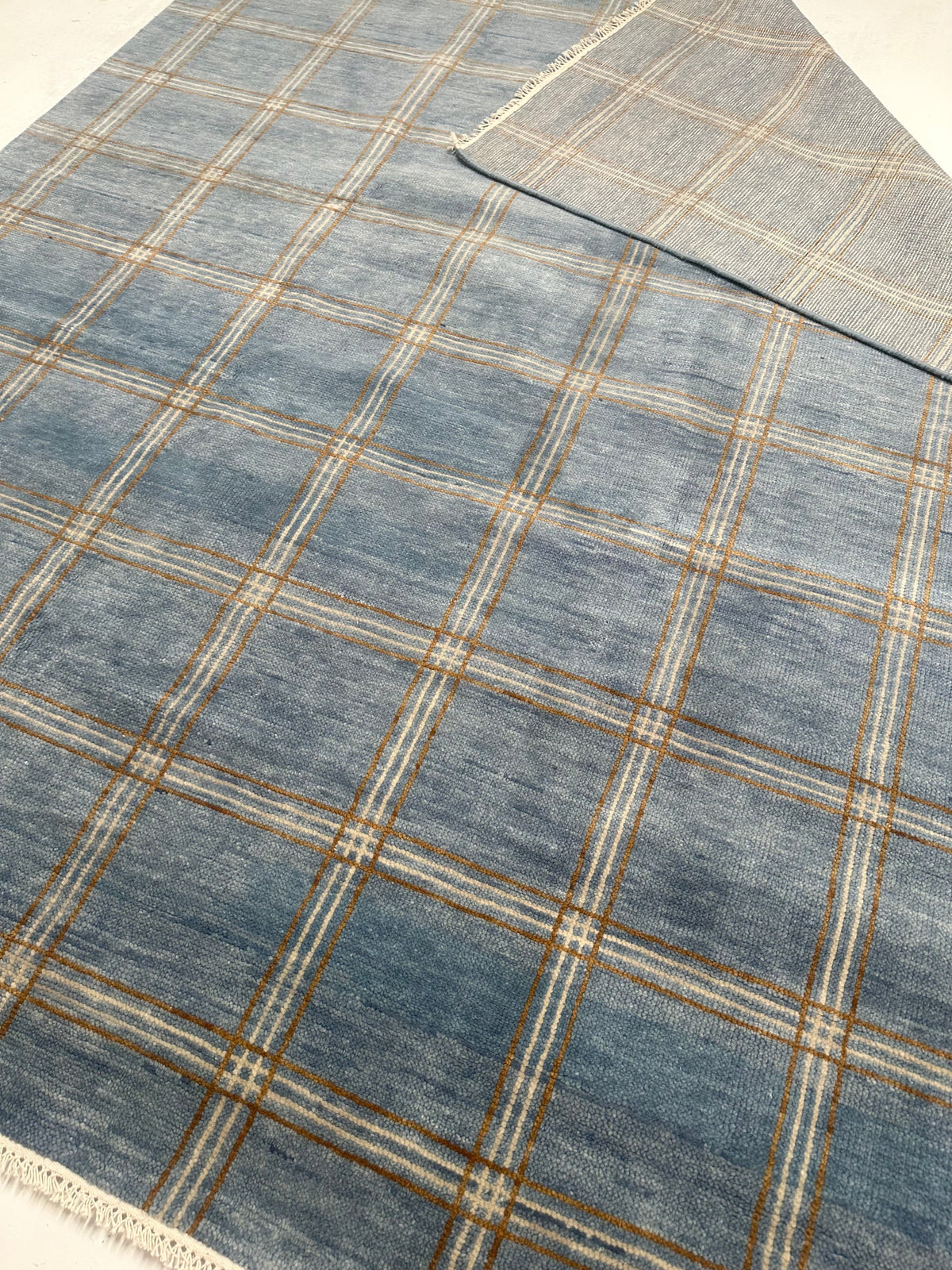 Concord Blue Plaid Hand-Knotted Wool Rug